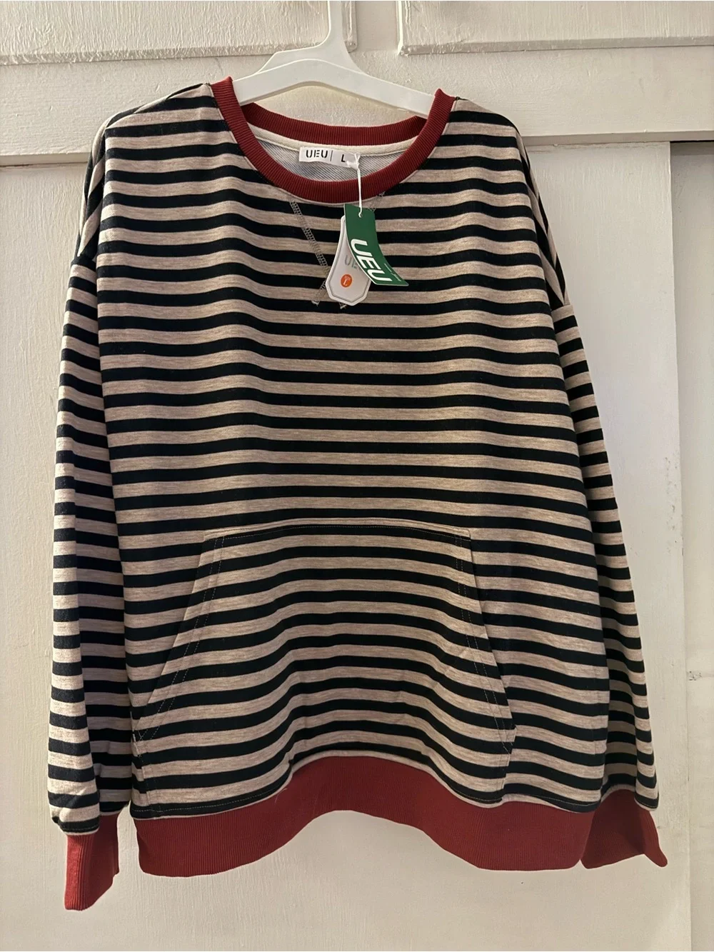 UE Striped Crewneck Sweater in Brown and Black with Burgundy Trim
